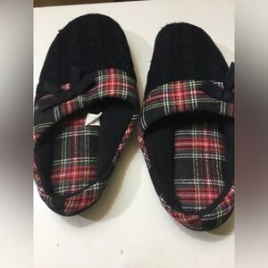 Dearfoam Womens New No Tag Slippers Size Med Black With Plaid Trim And Bow Must